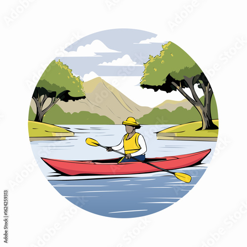 Kayaker Paddles red Canoe on calm River near tree lined Shore in Daytime