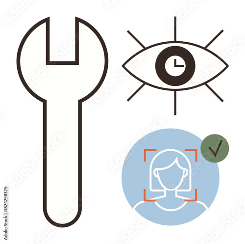 Wrench, eye with clock for time efficiency, profile with face recognition checkmark. Ideal for technology, AI, security, identity validation, time management tools digital verification. Simple flat