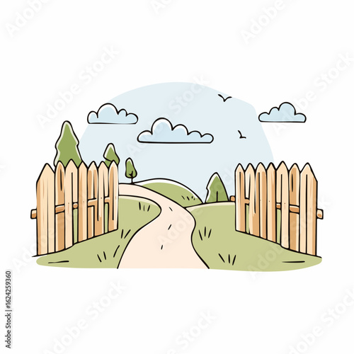 Country lane view with a wooden fence on a summer day afternoon