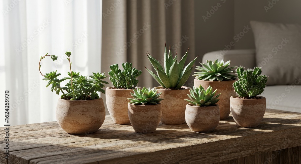 Fototapeta premium Beautiful Arrangement of Succulent Plants in Natural Pots on Wooden Table with Soft Light and Cozy Interior Background