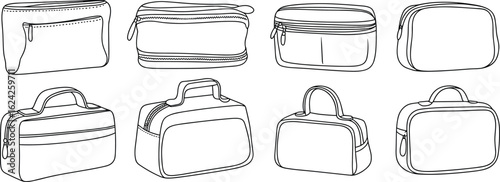 Collection of various hand carry travel cosmetic and makeup bags, cad drawing flat vector illustration, outline design, isolated on white