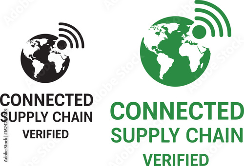 Dual-color vector logos for "Connected Supply Chain," featuring a globe with wireless signals, symbolizing global logistics, network connectivity, and verified business operations