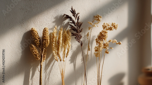 Detailed dried grasses in shadow play; stock photo for textured botanical art
