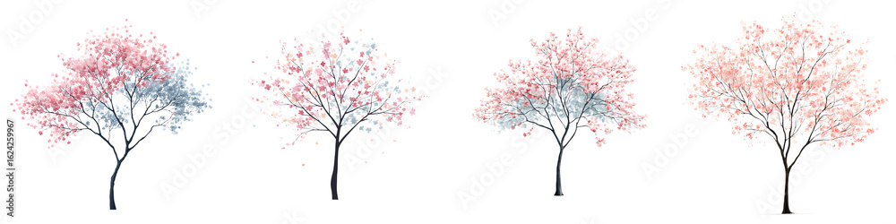 Fototapeta premium Collection of Isolated Watercolor Cherry Blossom Trees on White