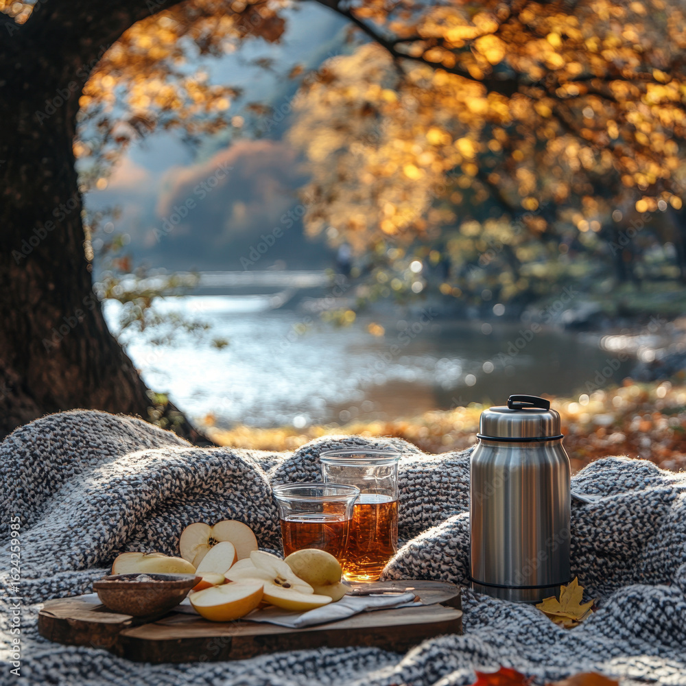 Obraz premium Cup of tea and apples at a picnic.