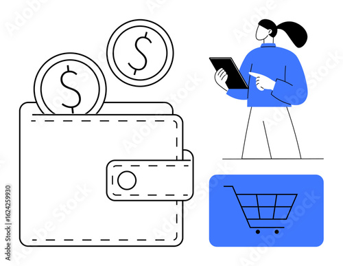 Wallet with coins, woman using tablet, shopping cart graphic. Ideal for e-commerce, online payment, digital wallets, finance, shopping, budgeting fintech simple landing page