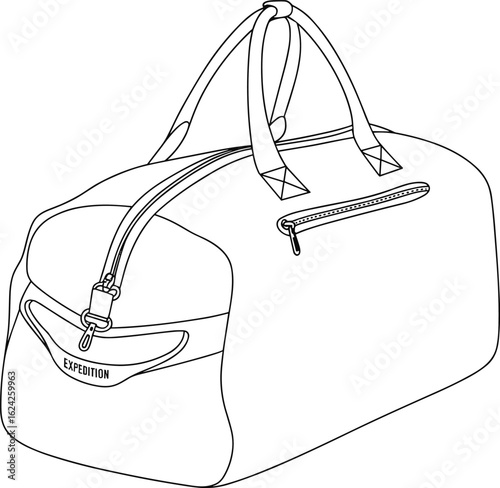 Cad drawing flat vector illustration of duffle bag with zipper, travel holdall, expedition gear, gym bag, weekend carry, sport utility
