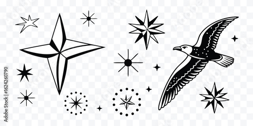Nautical Tattoo Design with Flying Seagull and Various Star Shapes Evoking a Classic Seafaring Aesthetic