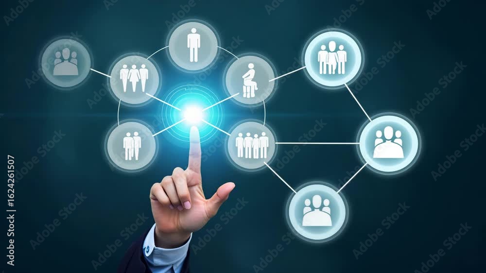 Hand Selecting Holographic Recruitment Target Device with Group People Icons for Talent Acquisition, Candidate Selection, and Skill Assessment Strategies in Empty Space Hand Selecting Holographic Recruitment Target Device with Group People Icons for Talent Acquisition, Candidate Selection, and Skill Assessment Strategies in Empty Space