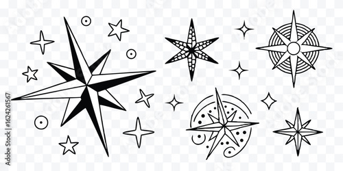 Collection of decorative stars and compasses in minimalist line art style for nautical designs and creative projects offering guidance