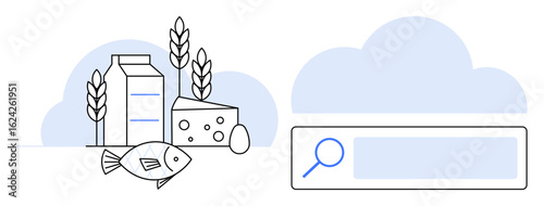 Milk carton, fish, cheese, egg, wheat, and search bar with blue cloud. Ideal for agriculture, food industry, nutrition sustainable farming healthy diet online store simple landing page