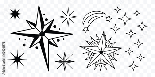 Celestial Star Collection Black and White Vector Illustration Featuring Nautical Stars and Shooting Stars for Design Projects and Creative Concepts