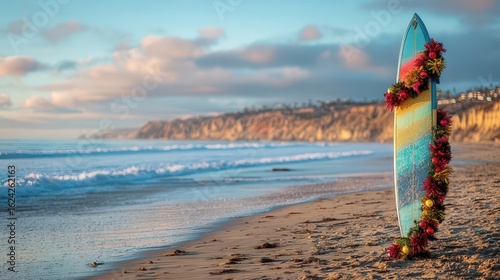 Surfboard decorated with christmas garland standing on the beach at sunset in California