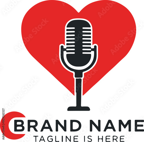 Microphone inside red heart shape with brand name and tagline