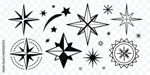 Collection of star illustrations in various shapes and styles for graphic design elements vector set