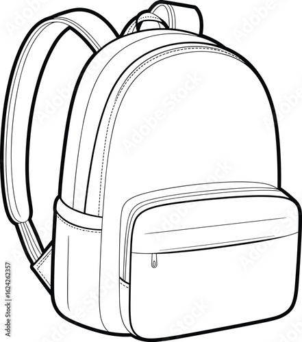 Modern backpack design with front pocket, outline vector illustration, school or travel bag CAD drawing, technical fashion accessory sketch
