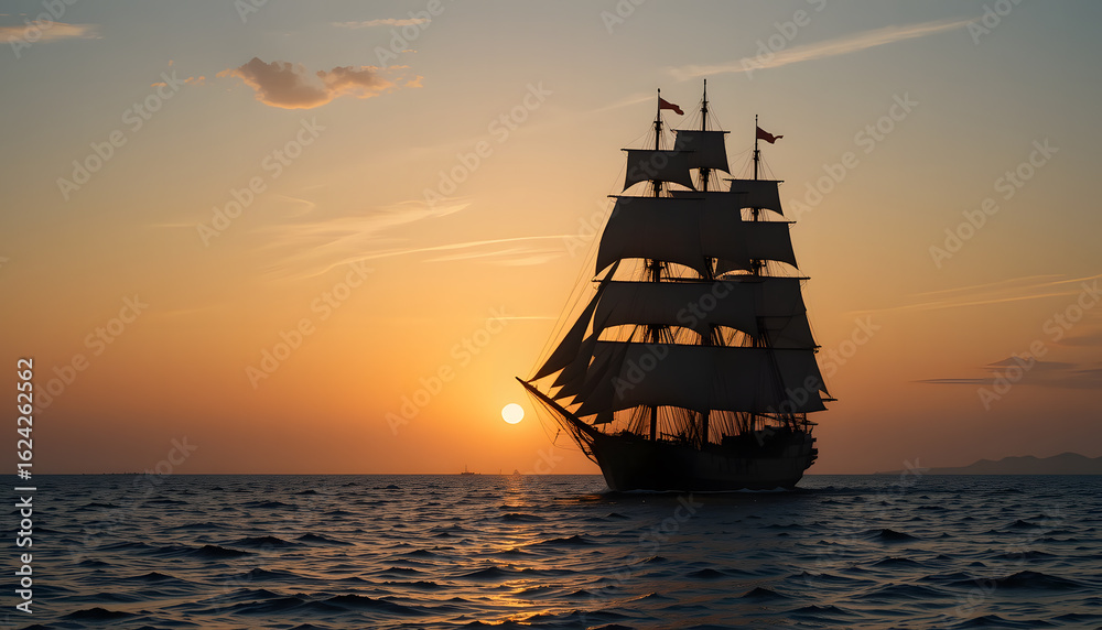 Obraz premium Sailing into the Sunset: A majestic tall ship navigates the open sea under the warm embrace of a setting sun, creating a scene of maritime beauty and serenity.