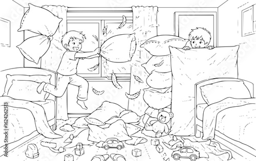 Kids having a playful pillow fight in a cozy bedroom at night