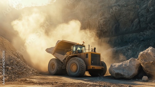 A powerful mining loader in a limestone quarry lifting