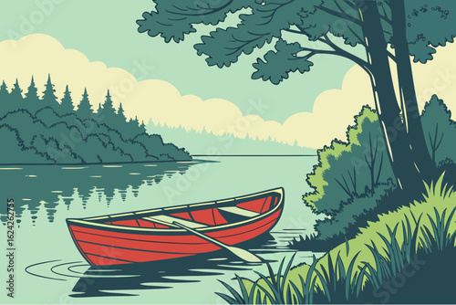 Bright red rowboat on a quiet Estonian lake, modern flat illustration style