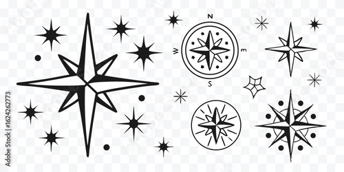 Set of stylized vector illustrations depicting stars and compasses ideal for vintage designs and navigational themes and celestial art