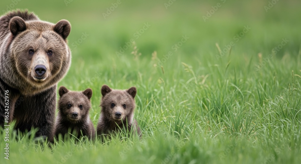 Fototapeta premium Vector art of grizzly bear mother with two cubs in a grassy meadow