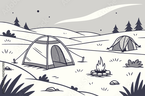 Camp in a remote tundra landscape in Russia, modern flat illustration style