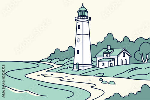 Capture a lighthouse standing tall on the shores of Lake Huron in the USA, modern flat illustration style