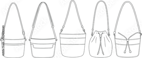 Set of women shoulder bags, handbag design collection, fashion accessory sketch, outline purse styles, vector template, bag CAD drawing