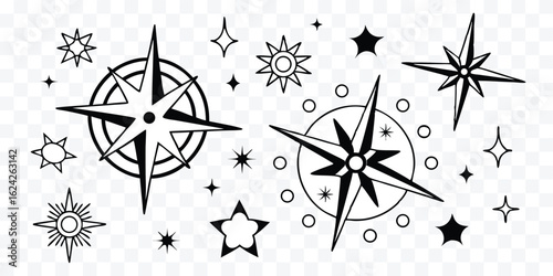 Collection of Vintage Style Stars and Compass Roses for Navigation and Celestial Design Projects featuring Line Art and Geometric Elements