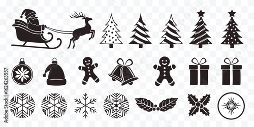 Festive Christmas Icons and Graphics Set in Elegant Black and White Silhouette Design Perfect for Holiday Projects
