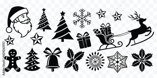 Black and white Christmas silhouette icons including Santa Claus sleigh with reindeer Christmas trees stars snowflakes gift and other holiday symbols