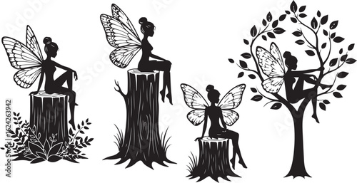 Black Silhouette Fairies Sitting on Tree Stumps and Tree Branch fairy white background
