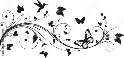 Black silhouette floral swirl design with hummingbirds and butterflies on a white background