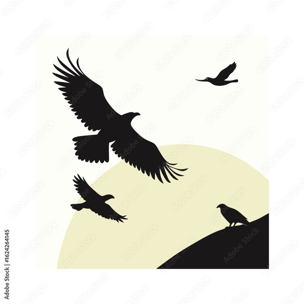 Obraz premium Vector silhouettes of flying birds in black showing various species like eagle, hawk, and dove in flight