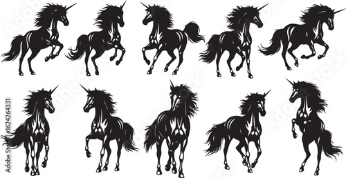 Collection of Black Unicorn Silhouettes in Various Poses on White Background horse mythical creature