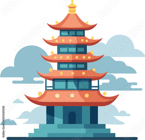 pagoda in mist vector art clean white background