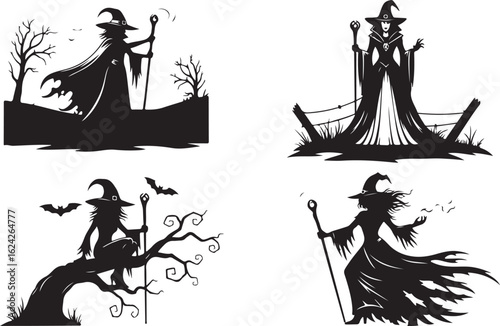 Four Silhouette Halloween Witches With Staffs And Spooky Elements magic spell