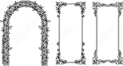 Ornate Black Silhouette Decorative Frames and Rose Archway Design Elements border floral