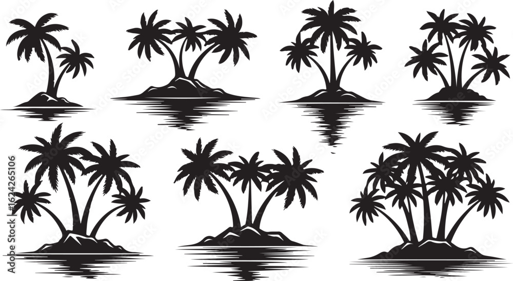 Fototapeta premium Set of Silhouetted Tropical Islands with Palm Trees and Reflections vector illustration