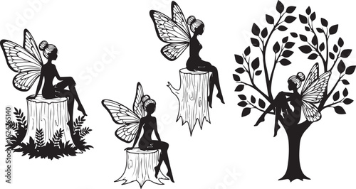 Silhouette Fairies Sitting on Tree Stumps and Tree Branches fairy