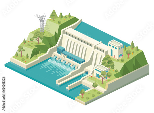 Water dam. Hydroelectric power station. Renewable green sustainable hydropower energy. High-voltage power lines. Energy plant. Electricity generation. Renewable resource.