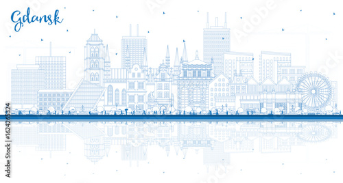 Outline Gdansk Poland city skyline with blue buildings and reflections. Gdansk cityscape with landmarks. Business travel and tourism concept with modern and historic architecture.