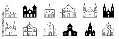 Church building icon set. Simple and silhouette vector illustrations of chapels, cathedrals, churches. Collection of religious architecture in black and white. Line art and solid fill designs for webs