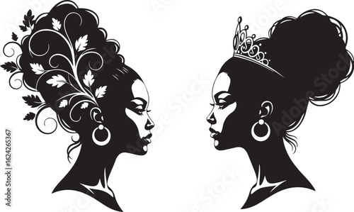 Silhouettes of Two Women in Profile with Elaborate Hairstyles woman head