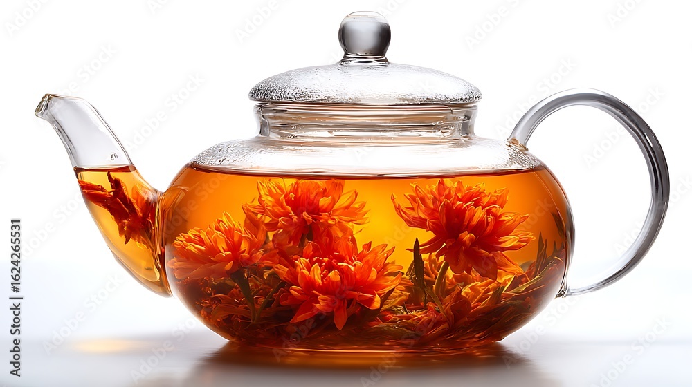 A beautiful, minimalist shot of a clear glass teapot filled with blooming flower tea, steaming gently. A beautiful, minimalist shot of a clear glass teapot filled with blooming flower tea, steaming gently.