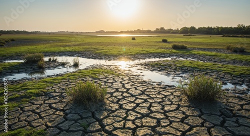 Dry cracked earth landscape at sunset with sparse vegetation indicating drought conditions and environmental change