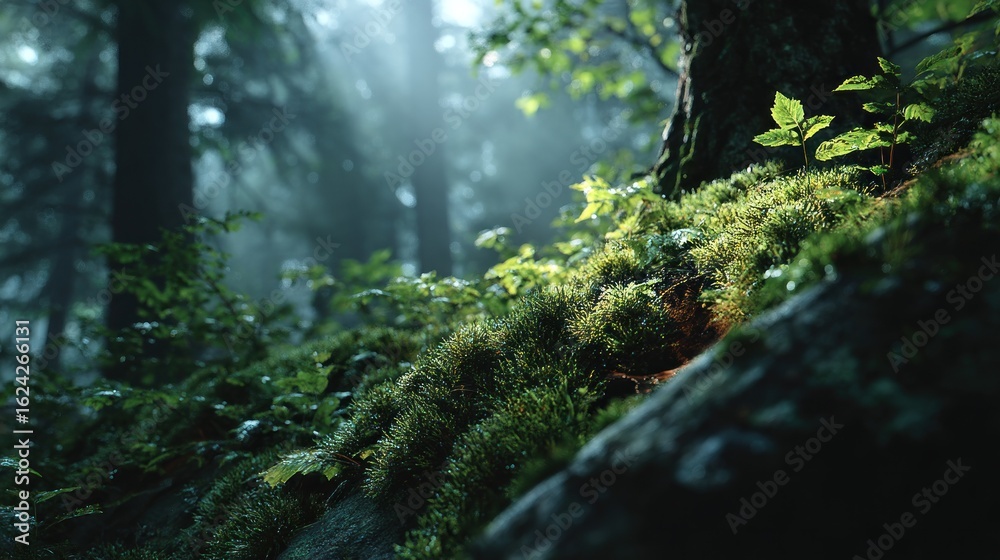 Obraz premium Enchanted forest floor with moss, light rays, and vibrant greenery details