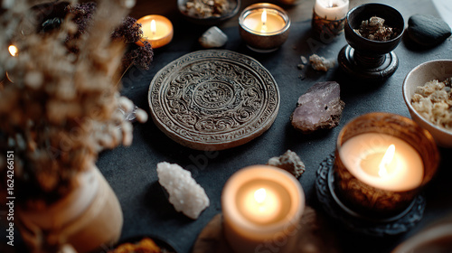Lit candles around intricate carved plate with crystals and flowers in mystical setting