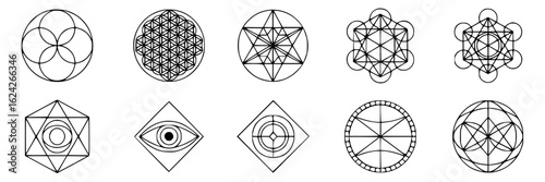 Set of ten sacred geometry symbols, Flower of Life, Metatron's Cube, Merkaba Star, Seed of Life, Eye of Providence, vector line art icons. Black and white geometric shapes collection, esoteric, spirit